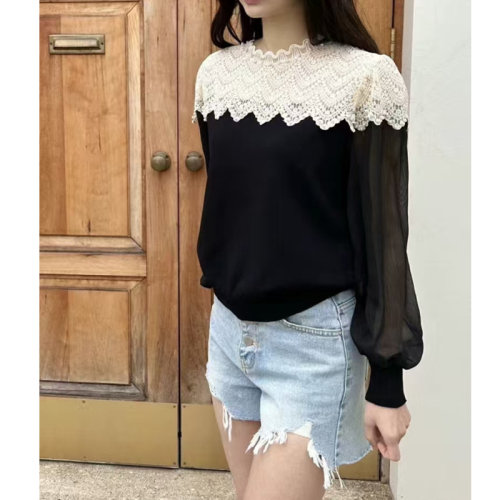 French lace splicing chiffon shirt for women with beaded design, spring lantern sleeve fashionable knitted top