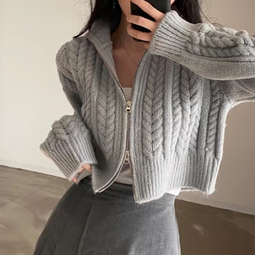 Korean version INS autumn and winter new style retro temperament student double zipper twist sweater jacket women's knitted cardigan