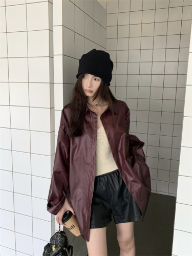 Real shot ~ American sweet and cool casual loose red imitation leather shirt + soft waxy mohair knitted vest two-piece set