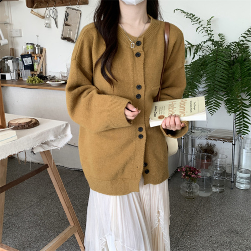 Lazy style Japanese knitted cardigan for women in autumn soft and waxy loose gray small fragrance style sweater jacket design top