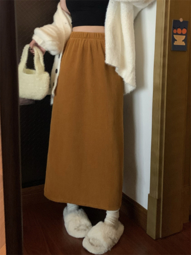 Real shot of autumn and winter thick pit corduroy knitted skirt high waist slimming slit mid-length straight skirt