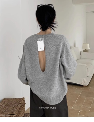 Exclusive type Korean simple commuting design, hollow backless loose round neck knitted sweater