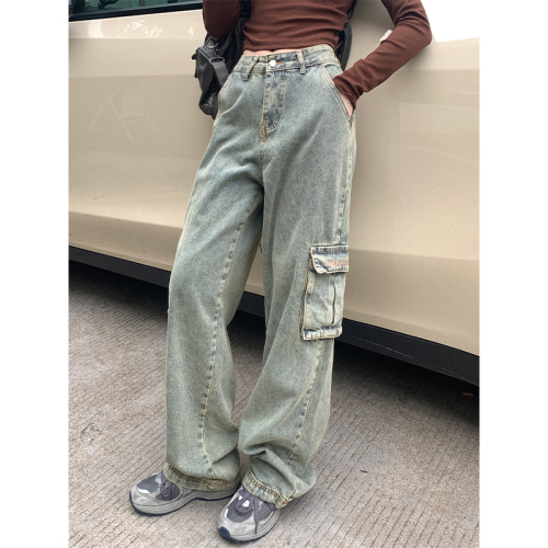 Real shot of 2024 early autumn sweet and cool old blue loose denim trousers new design embroidered street pants