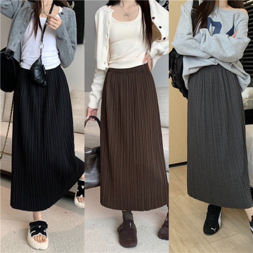 Actual shot of 2024 new autumn pleated skirt for women, high waist slimming and drapey mid-length slit A-line skirt