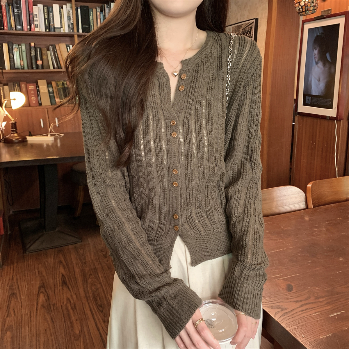 Real shot of autumn and winter Korean style loose single-breasted hollow design temperament knitted cardigan long-sleeved jacket top