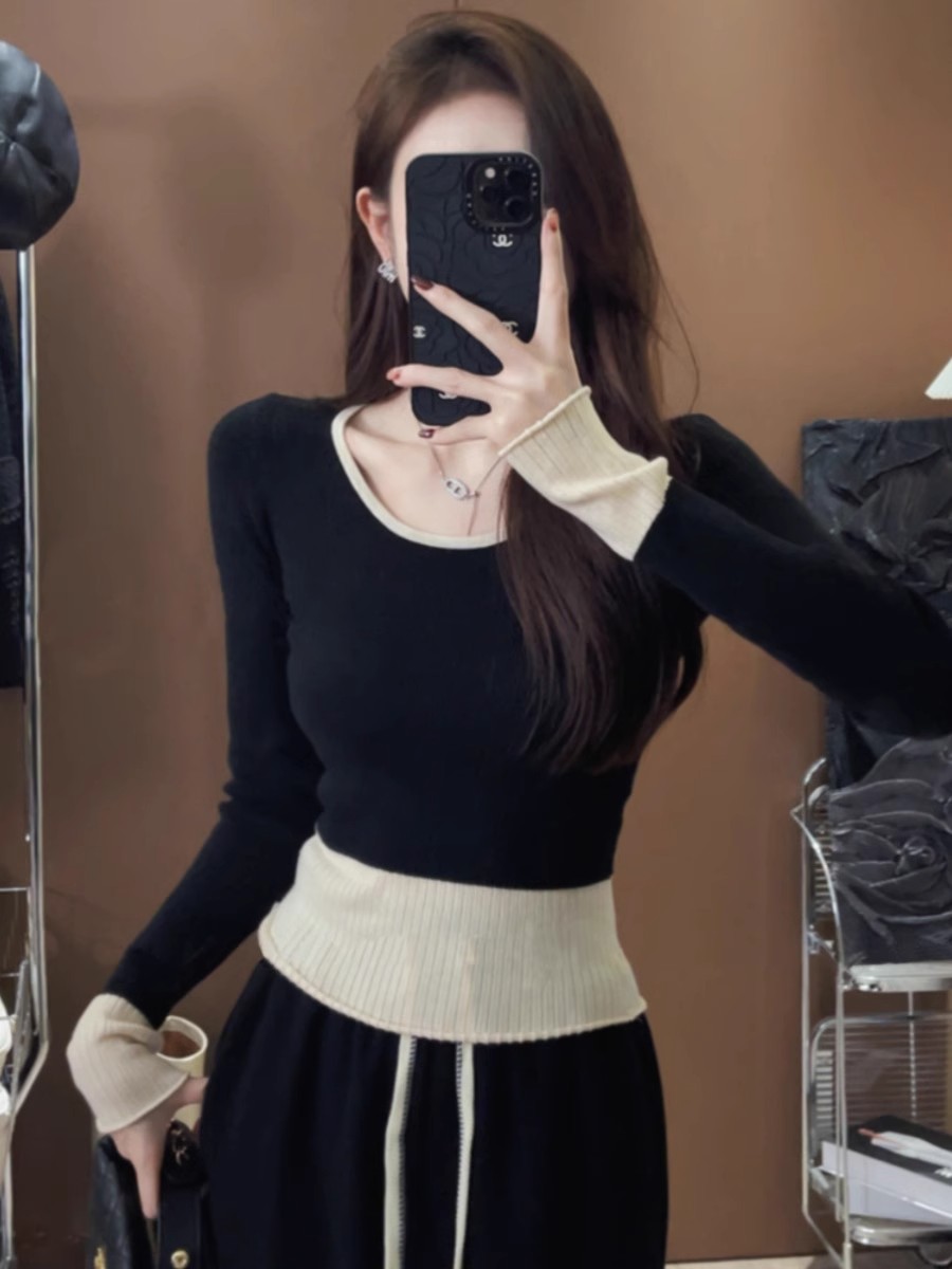 Contrast color fake two-piece sweater for women autumn and winter 2024 new style inner slim sweater bottoming shirt long-sleeved top