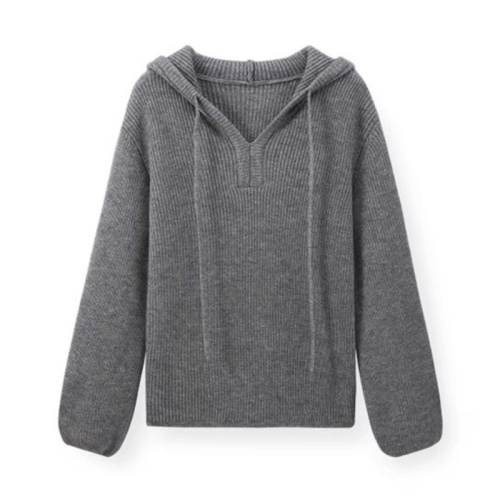 Xiaoguoli hooded sweater for women 2024 autumn and winter new fashion textured V-neck loose lazy style long-sleeved knitted