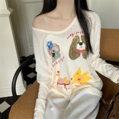 Real shot, real autumn new cute dog print long-sleeved T-shirt loose lazy style women's top