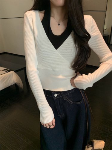Real shooting color matching fake two-piece off-the-shoulder undershirt women's autumn inner long-sleeved T-shirt outerwear 