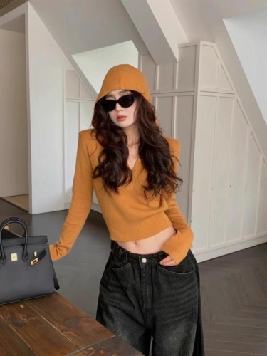 Korean style yellow hooded V-neck knitted bottoming shirt for spring and autumn wear with thin sweater, slim short top