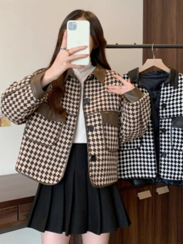 Women's houndstooth small fragrant style coat autumn new fat girl high-end fashion loose and slim short leather jacket