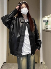 Women's Hong Kong Style Black Leather Jacket, Seasonal American Retro Street Sweet Cool Motorcycles PU Leather Jacket Trend
