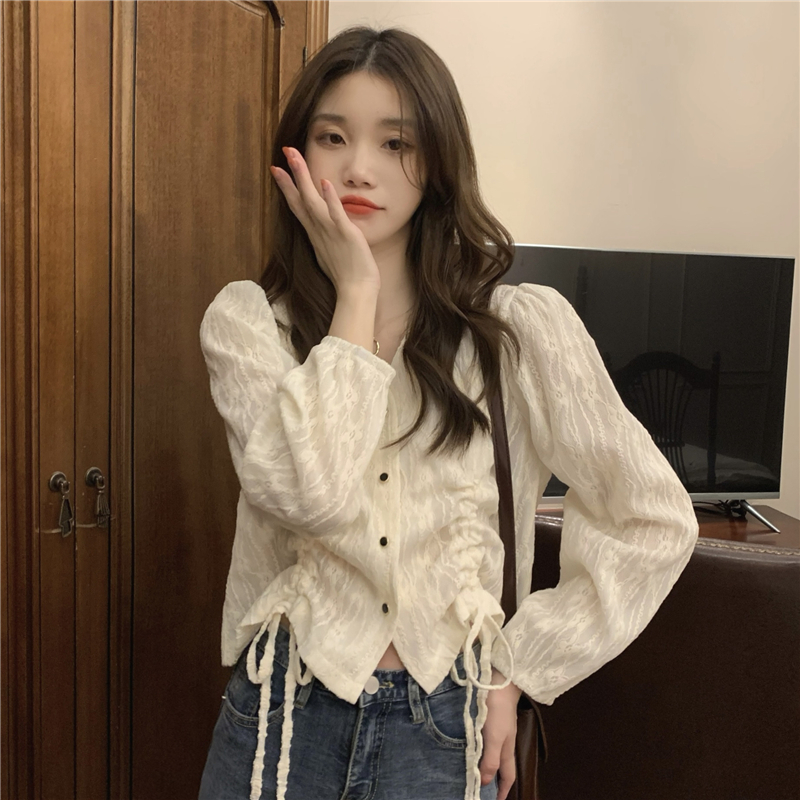 Real shot!  French retro V-neck drawstring design short shirt, chic lace versatile long-sleeved top