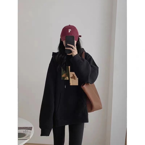 High-quality cotton blend CVC ribbed hooded print sweatshirt for women, regular lined