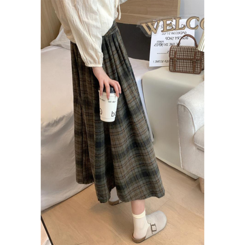 Retro woolen skirt women's mid-length spring and autumn 2024 new high-waisted slim a-line umbrella skirt autumn and winter plaid skirt