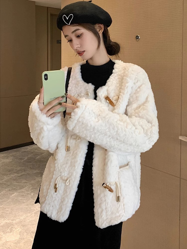 Already shipped new imitation rabbit fur horn buckle lamb plush jacket women's short thickened fur small style