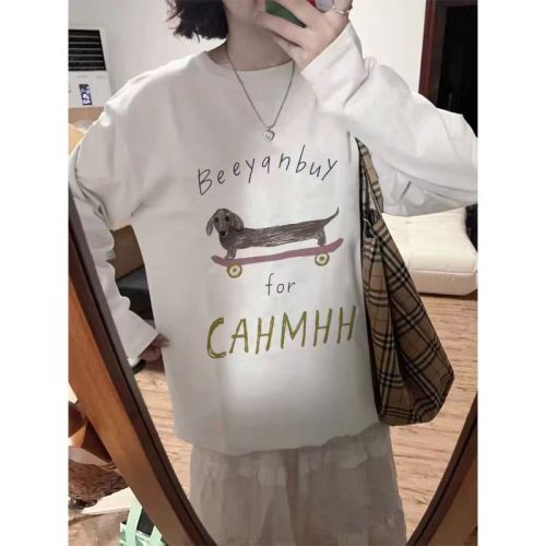Pure cotton personalized print long-sleeve women's white contrast color simple inner wear high-end base top