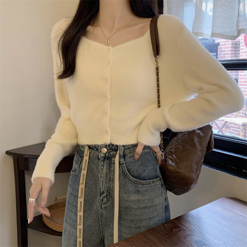 Real shot real autumn and winter new imitation mink velvet square collar long-sleeved knitted cardigan short top