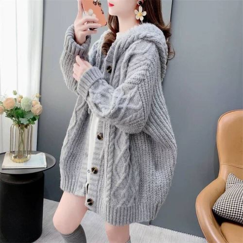 Lazy style retro thickened hooded sweater cardigan for women autumn and winter 2024 new loose mid-length knitted jacket