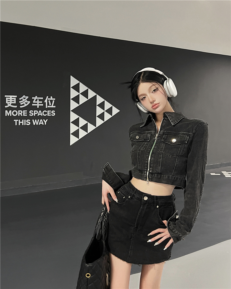 實拍 酷辣雙頭拉鏈短款牛仔外套半身裙褲兩件套套裝