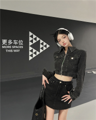 實拍 酷辣雙頭拉鏈短款牛仔外套半身裙褲兩件套套裝