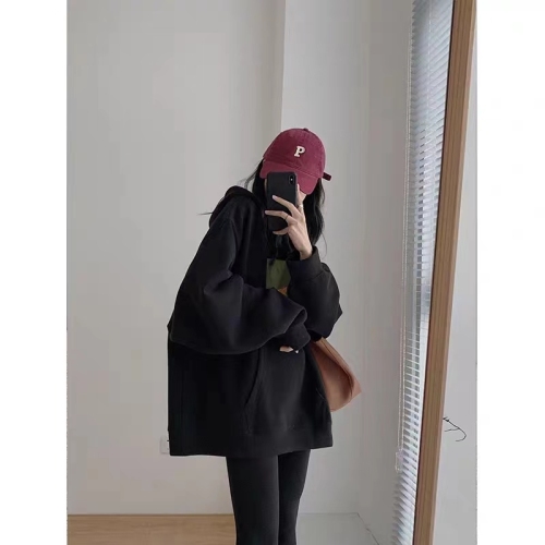 High-quality cotton blend CVC ribbed hooded print sweatshirt for women, regular lined