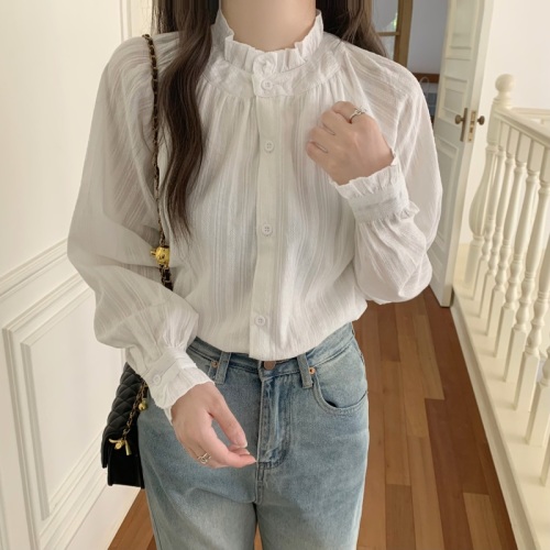 Actual shot of pure cotton, three standards, 2024 autumn French stand-up collar white shirt with earrings, women's inner wear trendy top