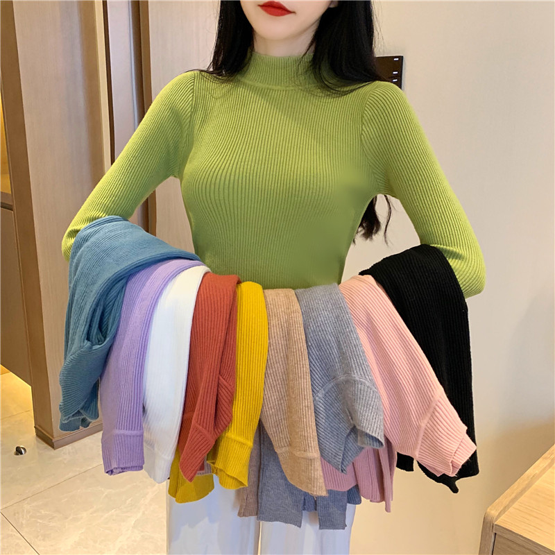 Real shot~ Autumn and winter Korean version of versatile half high neck sweater undergarment slim long-sleeved knitted sweater 