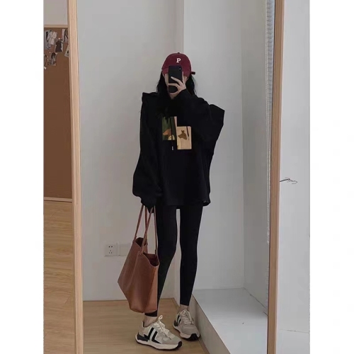 High-quality cotton blend CVC ribbed hooded print sweatshirt for women, regular lined