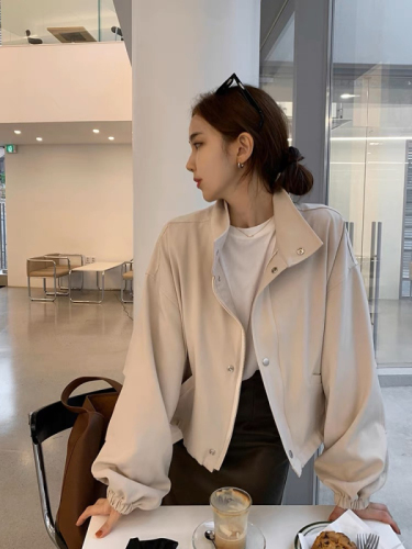 2024 New Spring and Autumn Thin Solid Color Short Jacket Feminine Lazy Style Loose Casual Stand Collar Jacket Top