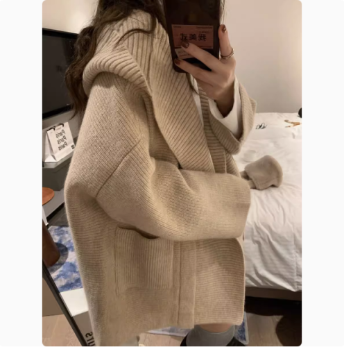 Silhouette hooded thickened pockets large size knitted cardigan for women autumn and winter new Korean design niche sweater jacket