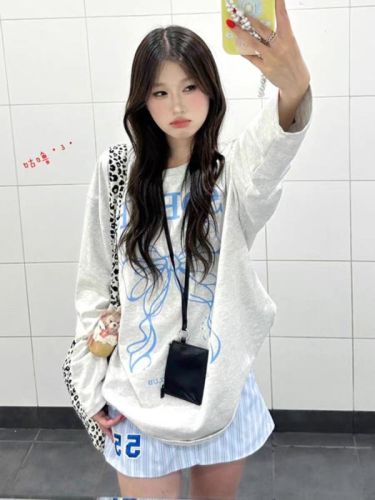 Pure cotton personalized printed long-sleeved T-shirt for women, white contrasting color, simple inner layer, high-end bottoming top