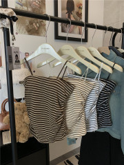 實拍~條紋吊帶磨毛保暖背心褶皺設計感內搭上衣帶胸墊