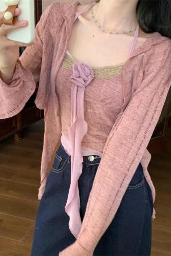 Real shot of ruffled long-sleeved top for women autumn halterneck rose camisole cardigan two-piece set 8311