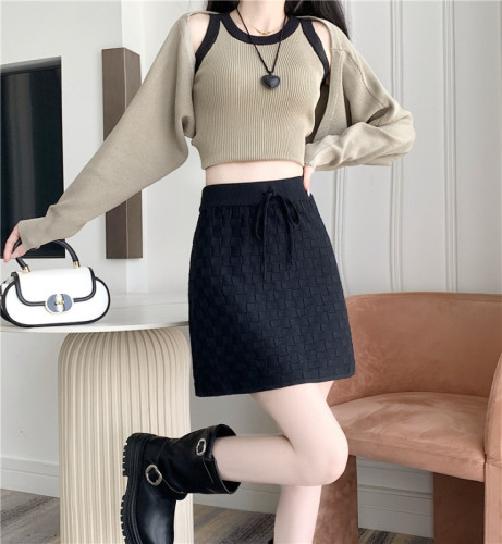 Actual shot of 2024 autumn and winter new plaid knitted skirt high-waisted A-line drawstring elastic waist woolen skirt