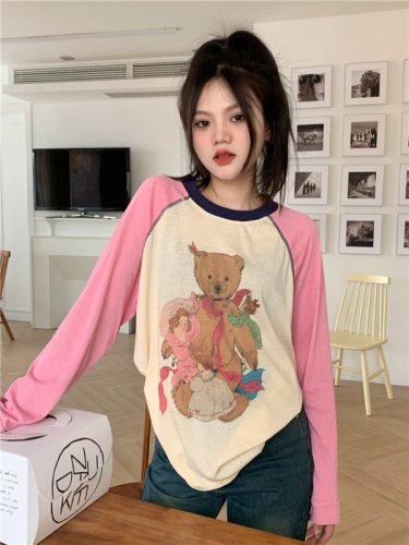 Actual shot of cartoon printed raglan long-sleeved sun protection top T-shirt