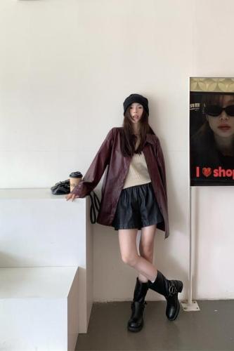 Real shot ~ American sweet and cool casual loose red imitation leather shirt + soft waxy mohair knitted vest two-piece set