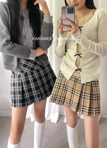 KAKAMEE早秋 美式复古学院风休闲百搭显瘦格纹百褶裙女辣妹半身裙