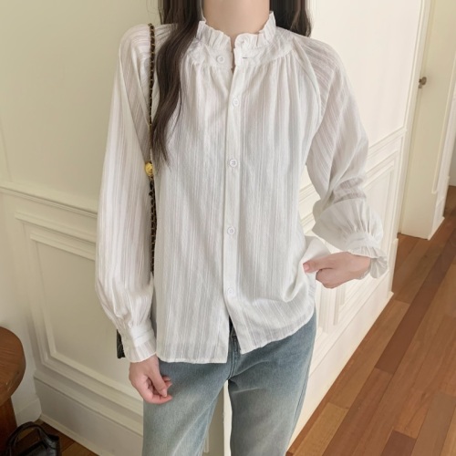 Actual shot of pure cotton, three standards, 2024 autumn French stand-up collar white shirt with earrings, women's inner wear trendy top