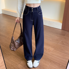 Real shot of good quality non-fading knitted denim stretch pants for women autumn and winter loose and slim dad straight pants