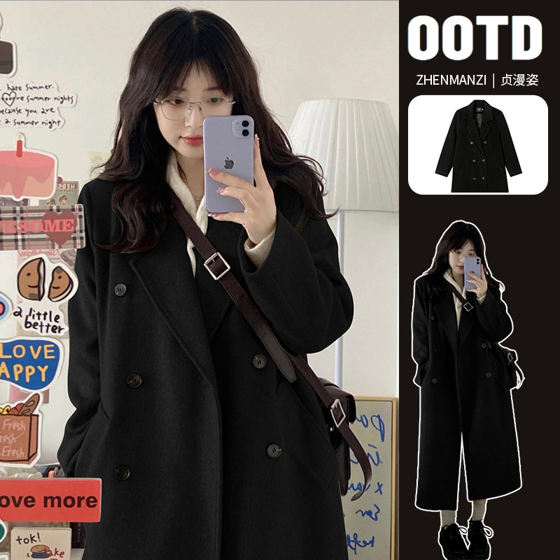 Black Woolen Coat for Women - Autumn/Winter 2024 New Arrival - High-End Style - Medium Long Length - Suitable for Petite Figures
