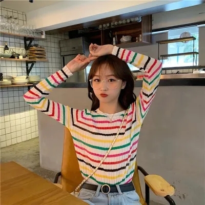 Autumn long-sleeved ice silk sweater for women, thin loose air-conditioning shirt, Korean style student versatile striped bottoming sun protection shirt