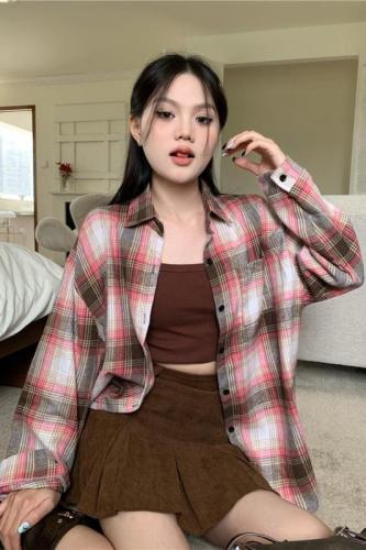 Actual shot of autumn and winter brushed loose lapel plaid shirt top cardigan