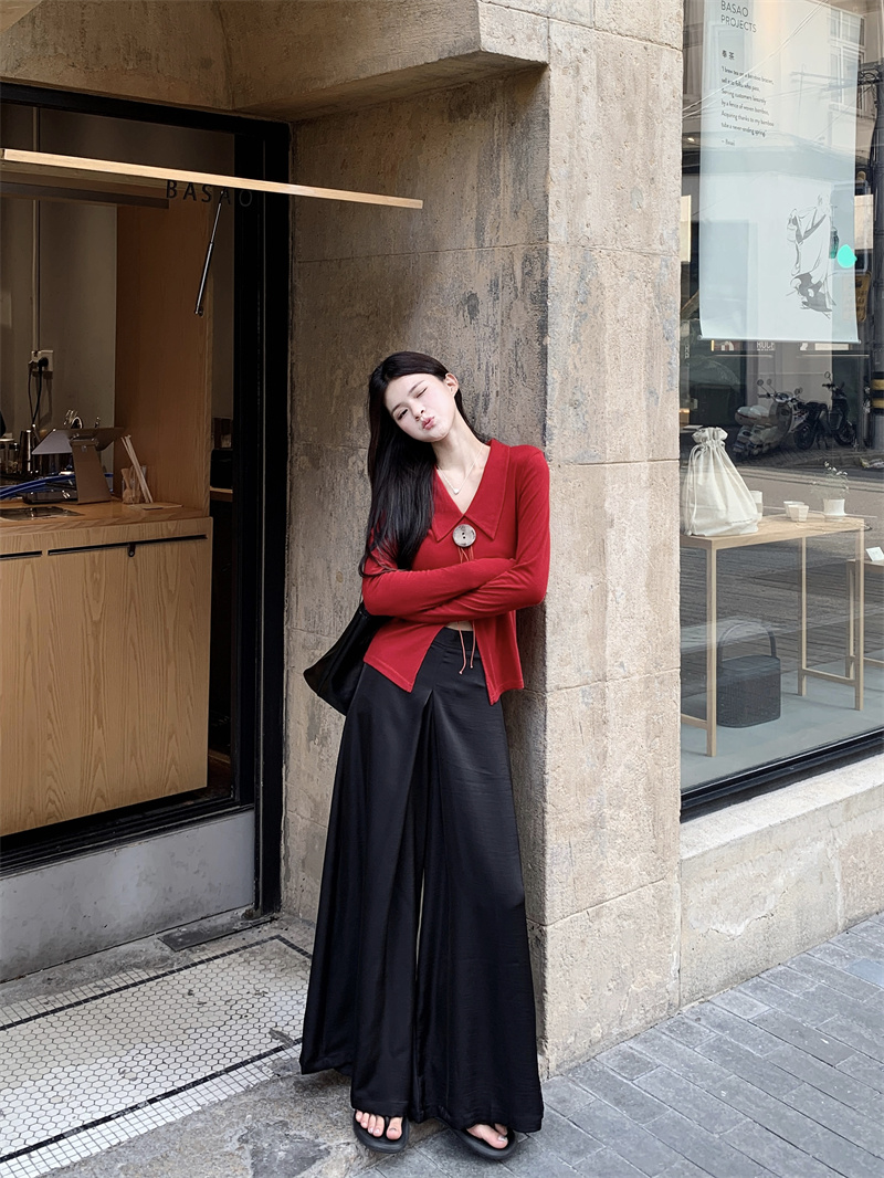 Actual Shoot: POLO Collar Design Coconut Button Top + Satin Wide Leg Pants Set