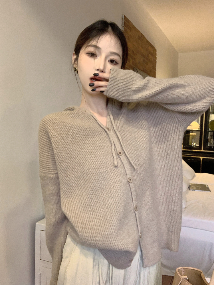 實拍 溫柔軟糯連帽毛衣外套女設計感慵懶寬鬆打底針織開衫