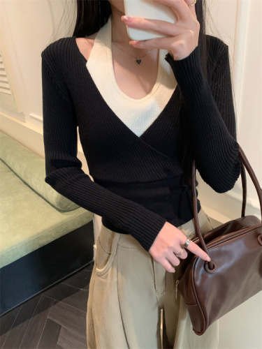 Real shooting color matching fake two-piece off-the-shoulder undershirt women's autumn inner long-sleeved T-shirt outerwear 