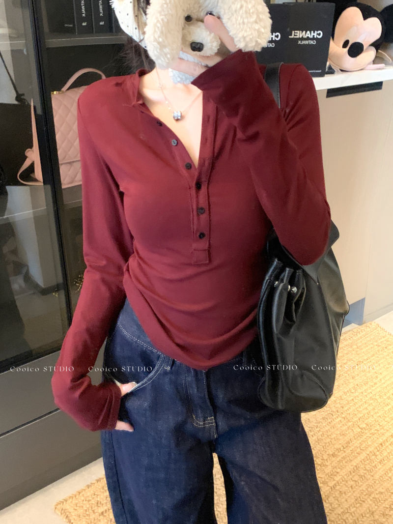 Actual shot~Autumn new pure lust hottie single-breasted V-neck slim fit inner long-sleeved T-shirt