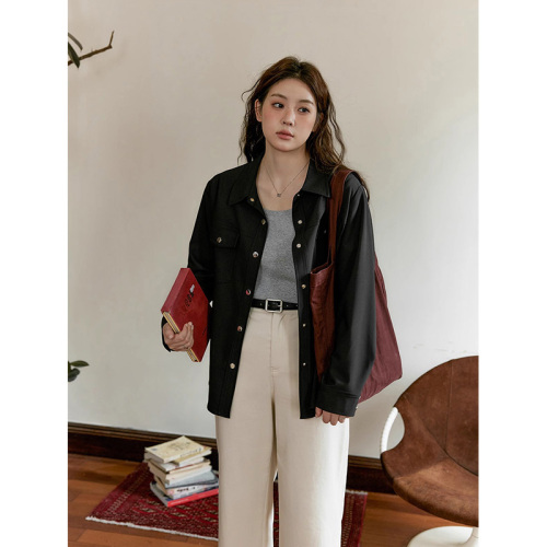 Simple and light workwear jacket, designer pocket jacket top, women's autumn long-sleeved black shirt