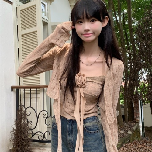 Real shot of ruffled long-sleeved top for women autumn halterneck rose camisole cardigan two-piece set 8311