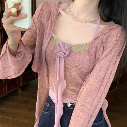 Real shot of ruffled long-sleeved top for women autumn halterneck rose camisole cardigan two-piece set 8311